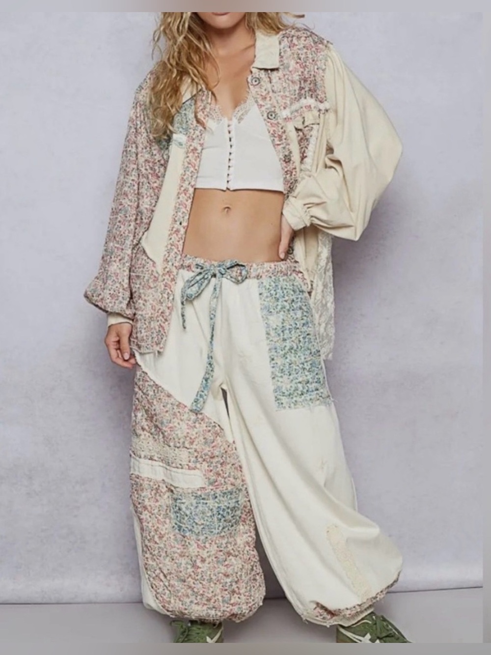SET! POL Cream Patchwork Wide-Leg Pants with Pastel Floral Panels and Shacket